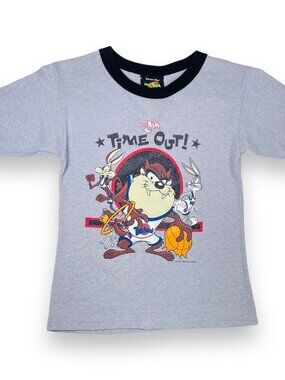 Vintage 90s Looney Tunes SPACE JAM Gray Ringer Neck Gray Short Sleeve Shirt XS S